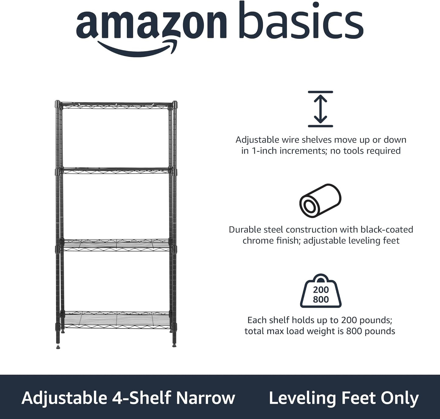 Amazon Basics 4-Shelf Steel Wire Storage Shelves for Garage, Adjustable Metal Shelving Unit, 200 lbs Per Shelf, 23.2" W x 48" H x 13.4" D, Black | Sturdy, Adjustable, Easy Assembly, Storage