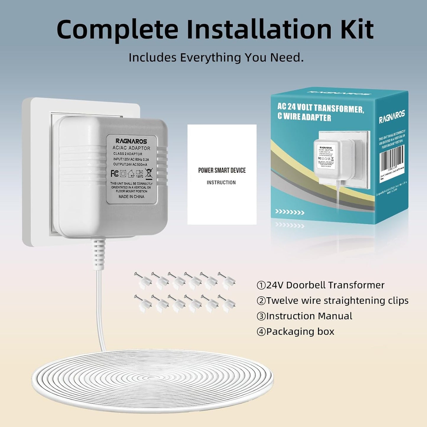 24V AC Doorbell Transformer - 18ft Long Cable Adapter, Universal Compatible with All Ring Doorbells (Pro 1/2, 3, 4, Plus), Nest, Eufy, Wyze - C Wire Thermostat Power Supply