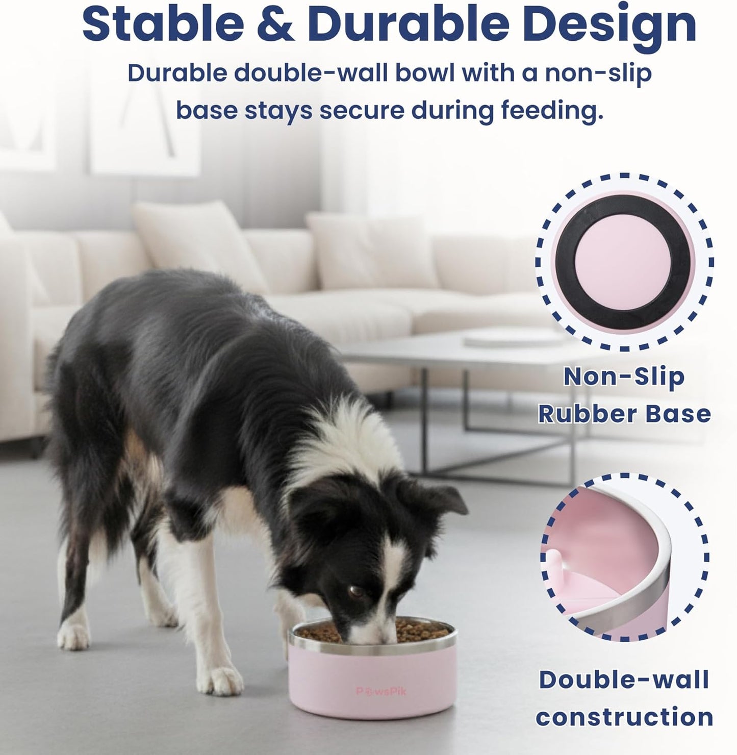 PawsPik 64oz 18/8 Stainless Steel Slow Feeder Dog Bowl, Double-Wall Non-Slip Metal Dog Bowl for Fast Eating Medium & Large Breeds, Detachable Slow Feeder Insert, Dishwasher Safe (Cherry Blossom Pink)