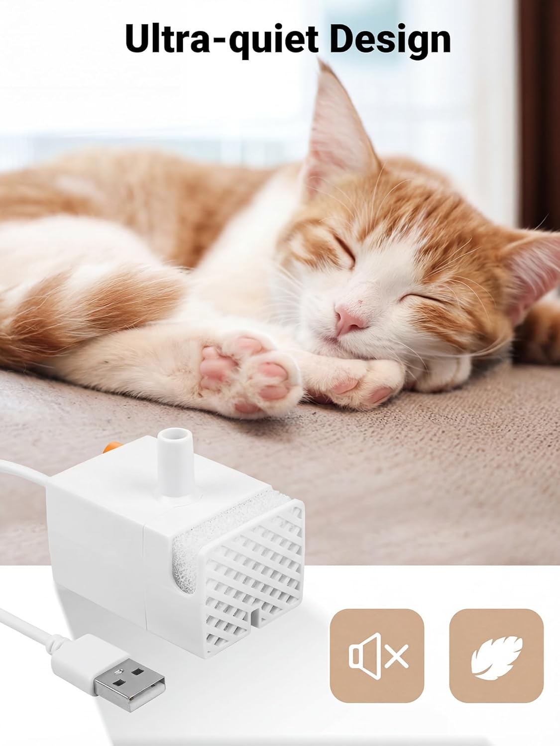 Kastty Ultra Quite Cat Water Fountain Pump, USB 5V 1A Pet Water Fountain Pump for 3.5L Cat Water Fountain Pump Replacement, Dog Water Dispenser Pump with LED Light (Black)