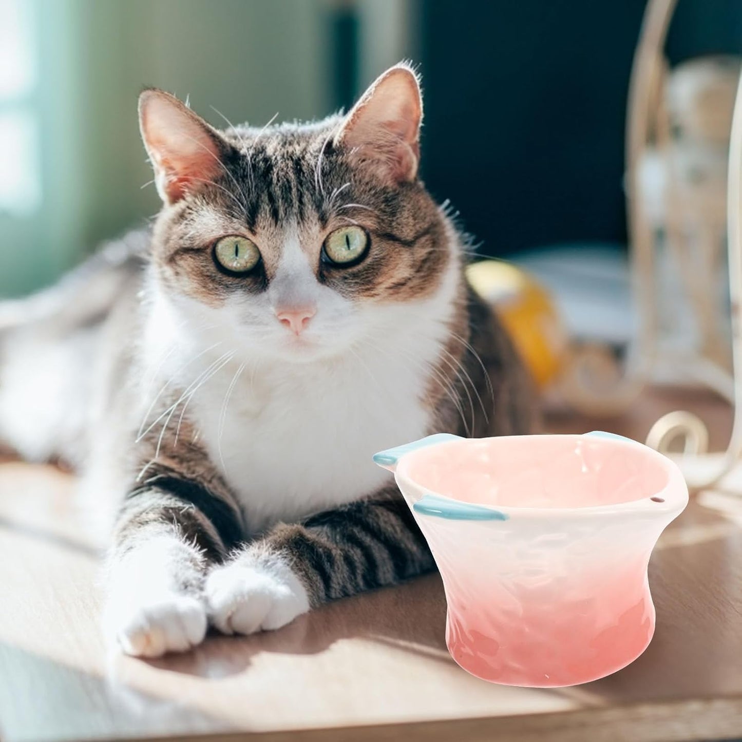 FAVOMOTO Protective Raised Cat Food Dish Tilted Pink Fish-Shaped Decorative Pet Feeder Household Food Bowl for Cat Feeding