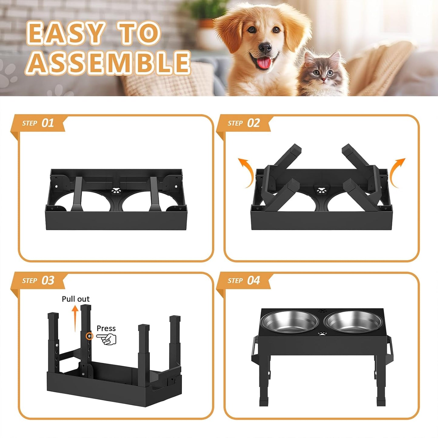 Elevated Dog Bowls Stand Large Breed, Height Adjustable Raised Dog Bowls Holder with 2 Stainless Steel Food Bowls for Small, Medium and Large Canine
