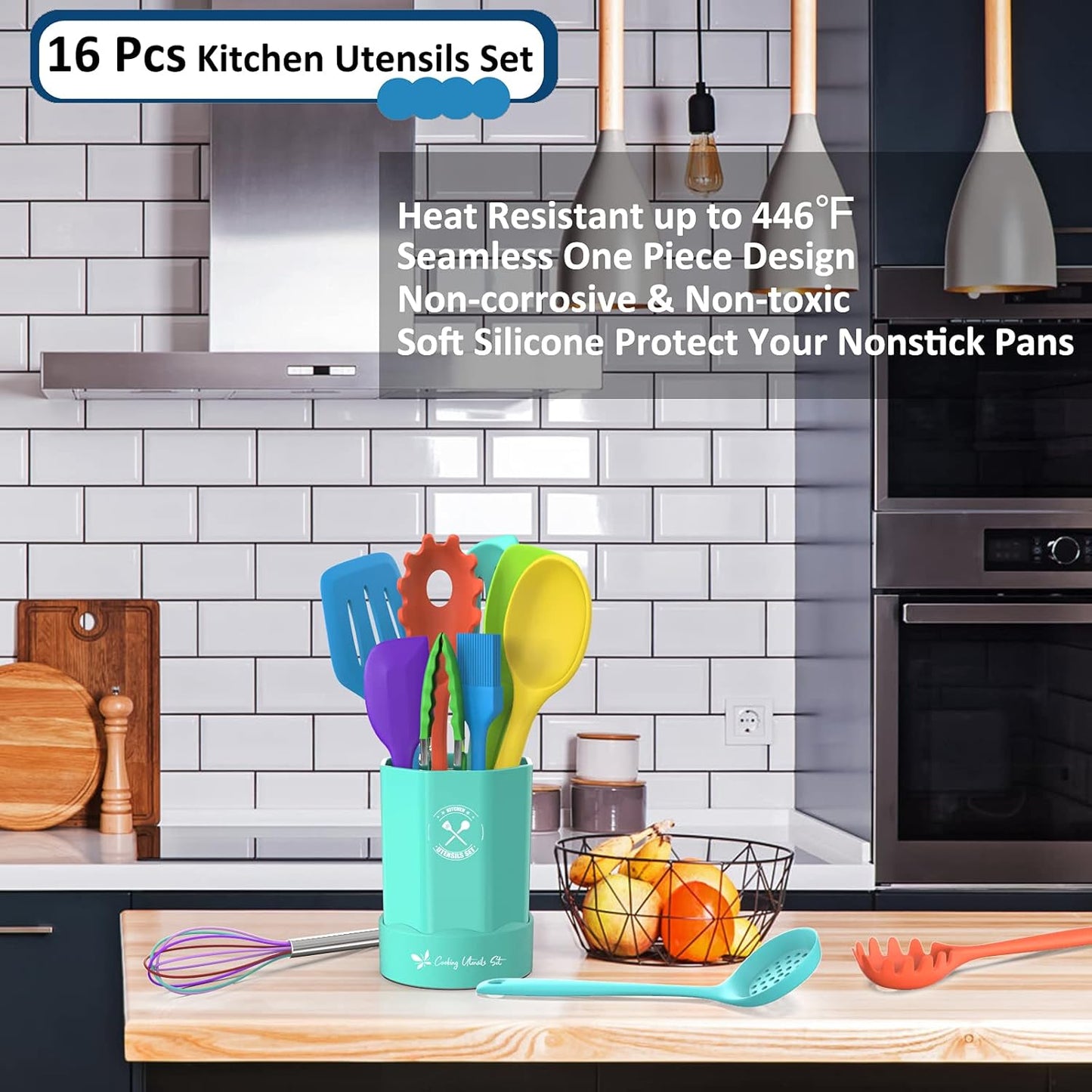 Silicone Kitchen Utensils Set, 16-Piece Silicone Cooking Utensils by Deedro, Heat Resistant Kitchen Tools Set with Holder, Nonstick Spatula Kitchen Gadgets for Cooking & Baking, Colorful