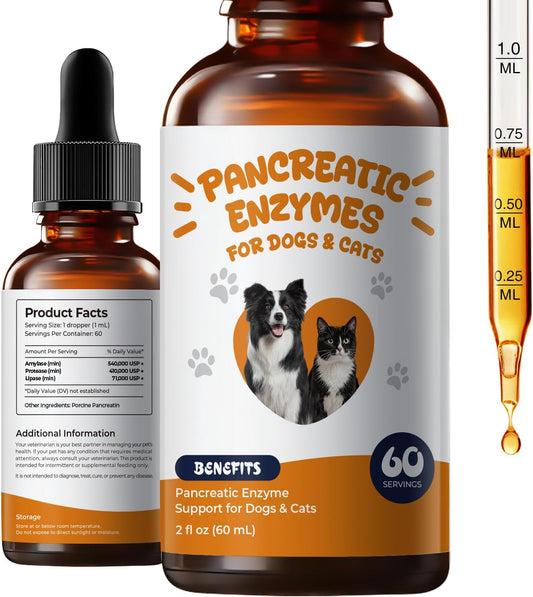 Pancreatic Enzymes for Dogs Drops – Liquid Pancreatin Digestive Enzyme Support for Pets with EPI, Supports Digestion, Weight Maintenance & Stool Consistency – 2 fl oz (60 mL)