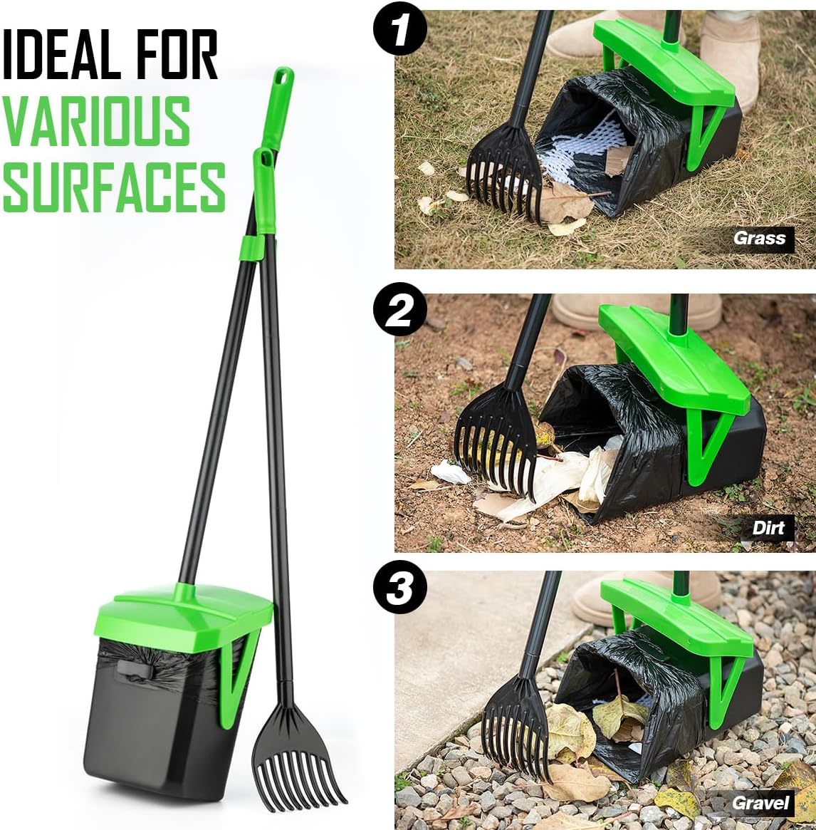 Pooper Scooper Swivel Bin & Rake with 100 Waste Bags, Dog Pooper Scooper with Bag Attachment for Large Medium Small Dogs, Poop Scooper with Lid for Lawn Yard Dog Kennel
