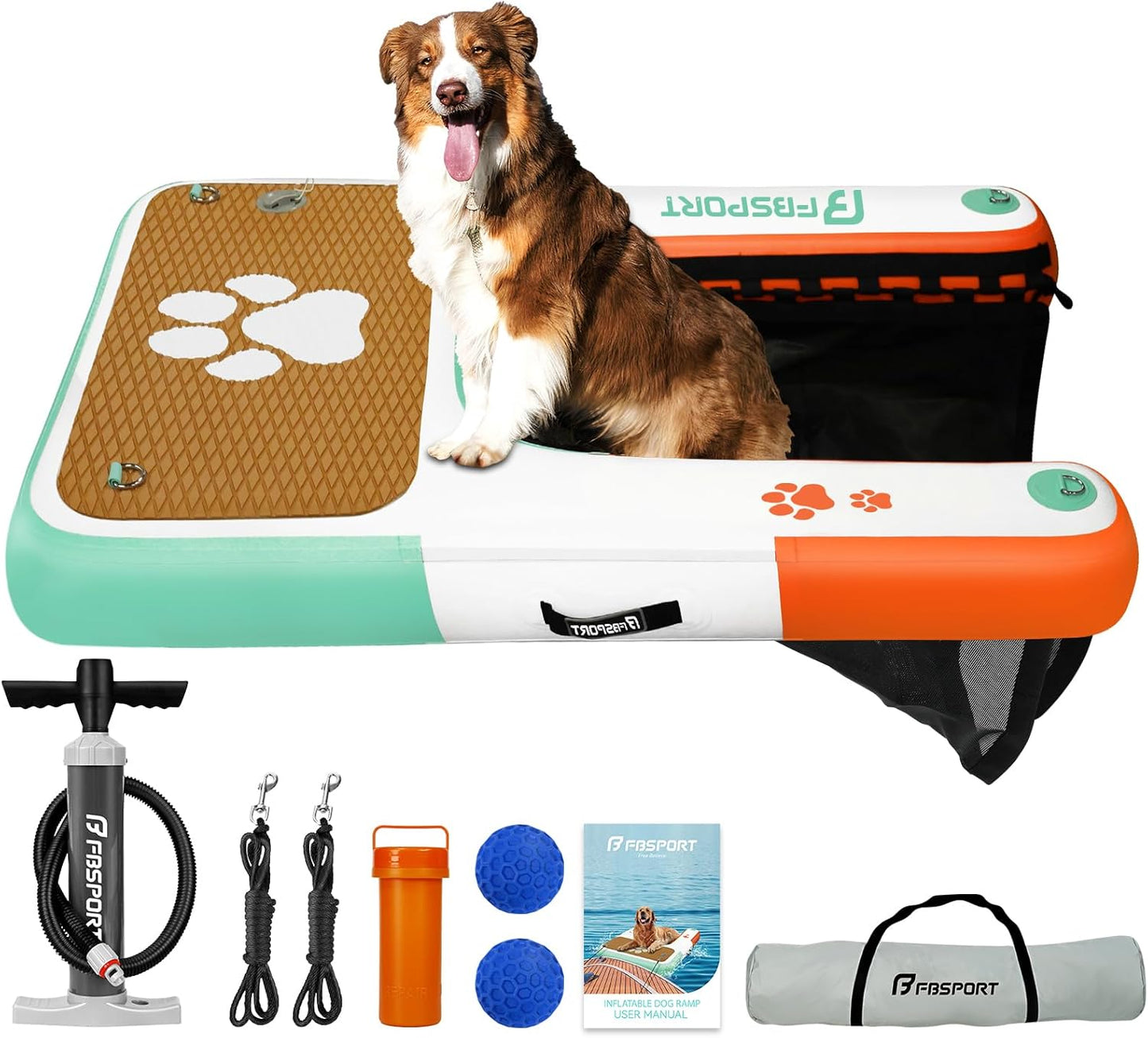 FBSPORT Inflatable Dog Boat Ramp Floating Dock Water Ladder for Pool, Boat, Non-Slip EVA Floating Ladder Pool Ramp for Dog Up to 220 LBs, Safe & Easy Access
