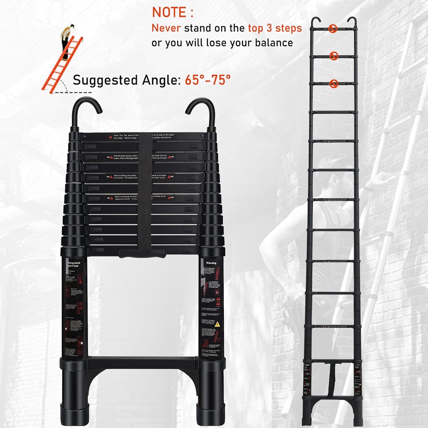 Telescoping Ladder 12.5 FT - Aluminum Telescopic Ladder with Hooks - Folding Extension Ladders for Home Work Loft Roof Attic RV Ladder with EN131 Certification - 330lbs Max Capacity (Black)