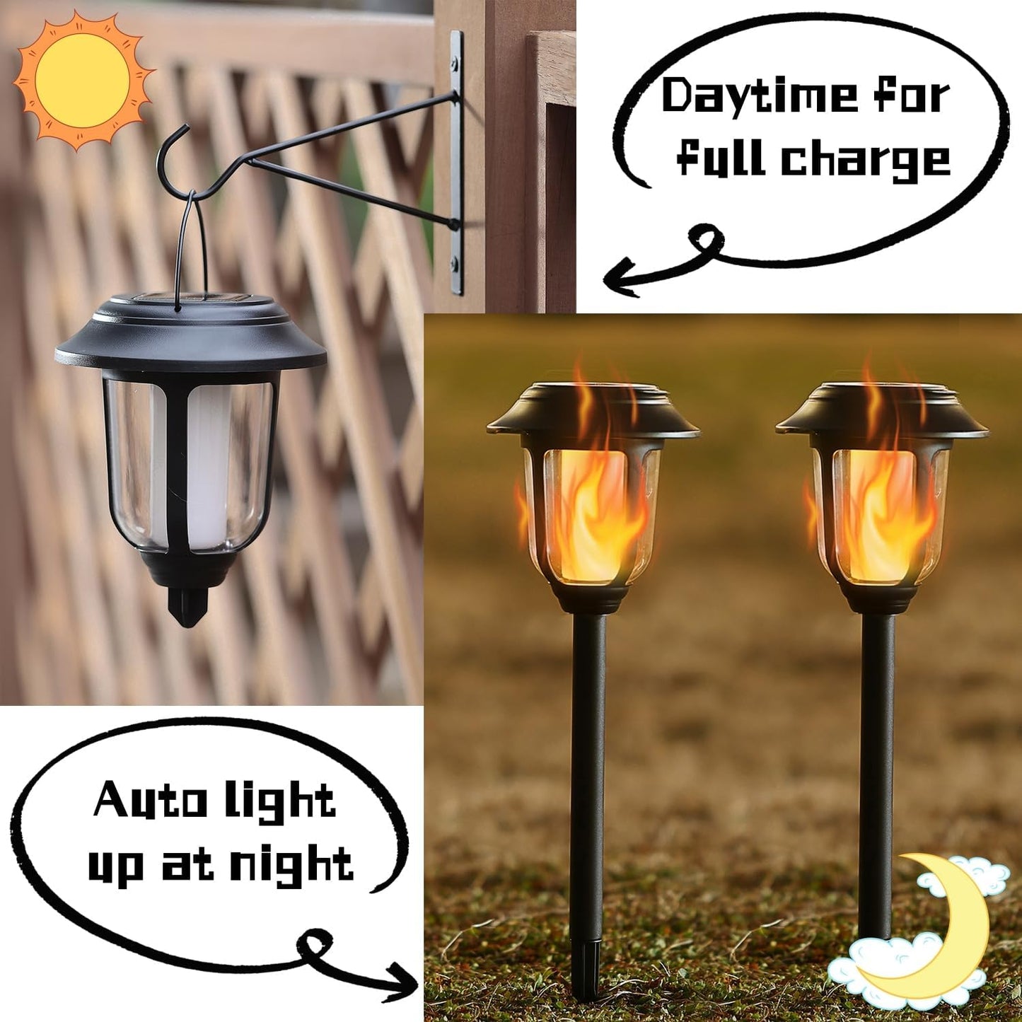 Dynaming Dual Use Solar Flame Lights Outdoor 6 Pack, Solar Flickering Flame Pathway Lights, Hanging Lantern Light, Auto On/Off & Waterproof for Garden Lawn Patio Yard Walkway Deck Driveway