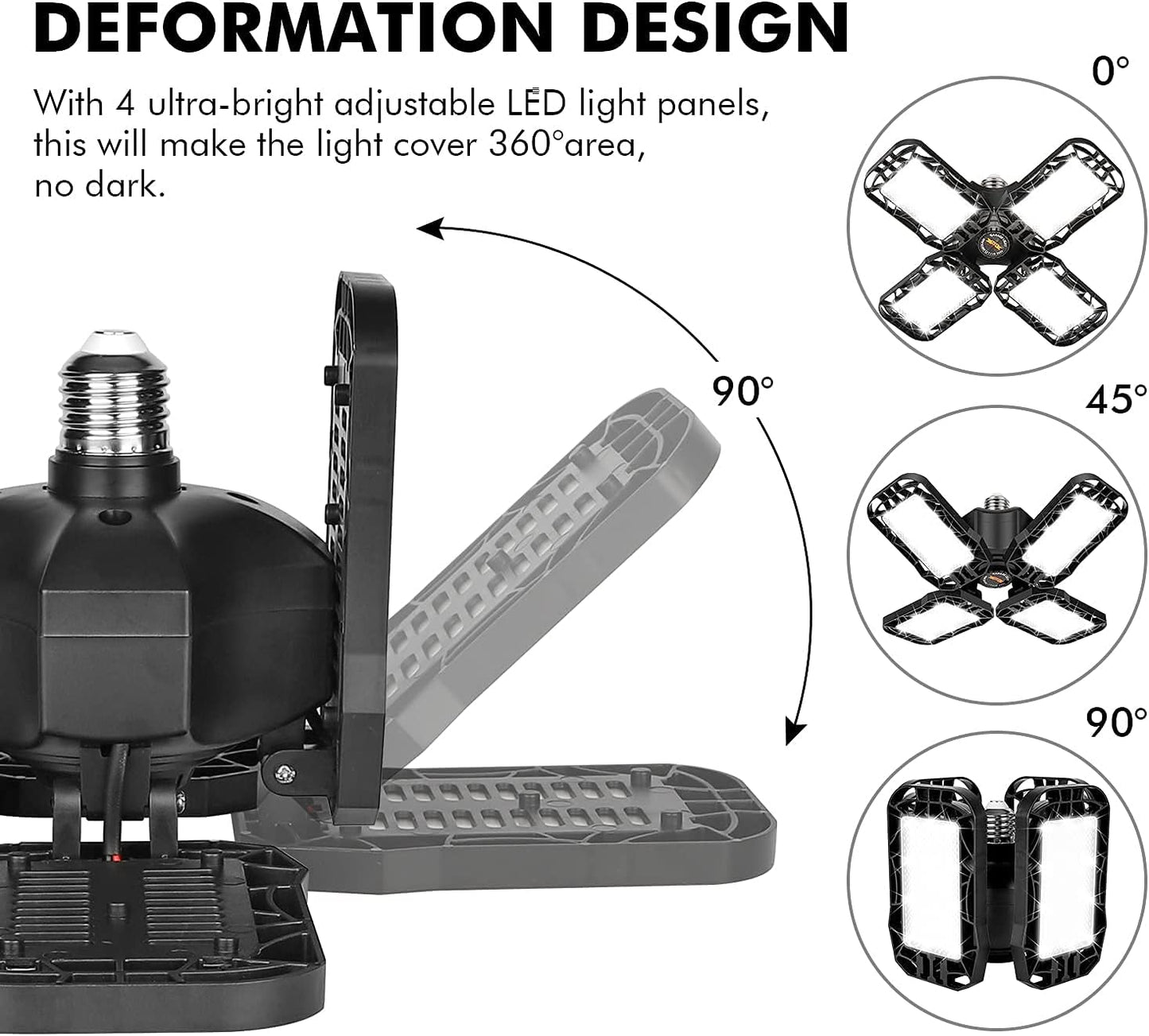 LED Garage Light 4 Pack, 120W Ultra Bright LED Shop Light with 4 Adjustable Panels, 12000LM E26/E27 Base Deformable Ceiling Fixtures for Garage, Workshop, Attic, Basement, Barn (Black-4 Pack)