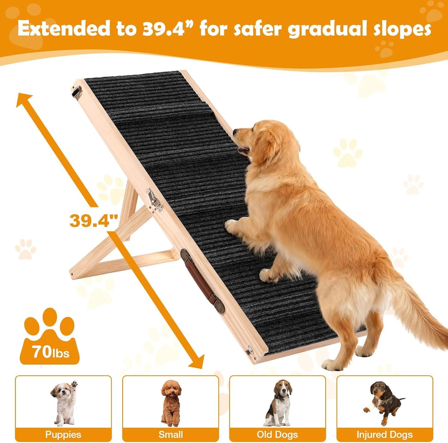 39" Long Dog Ramp for Bed, Couch & Car - 5 Level Adjustable Height (10.4" to 24.4"), Foldable Portable Wooden Pet Ramp with Non-Slip Surface, for Small & Old Dogs Up to 70 LBS