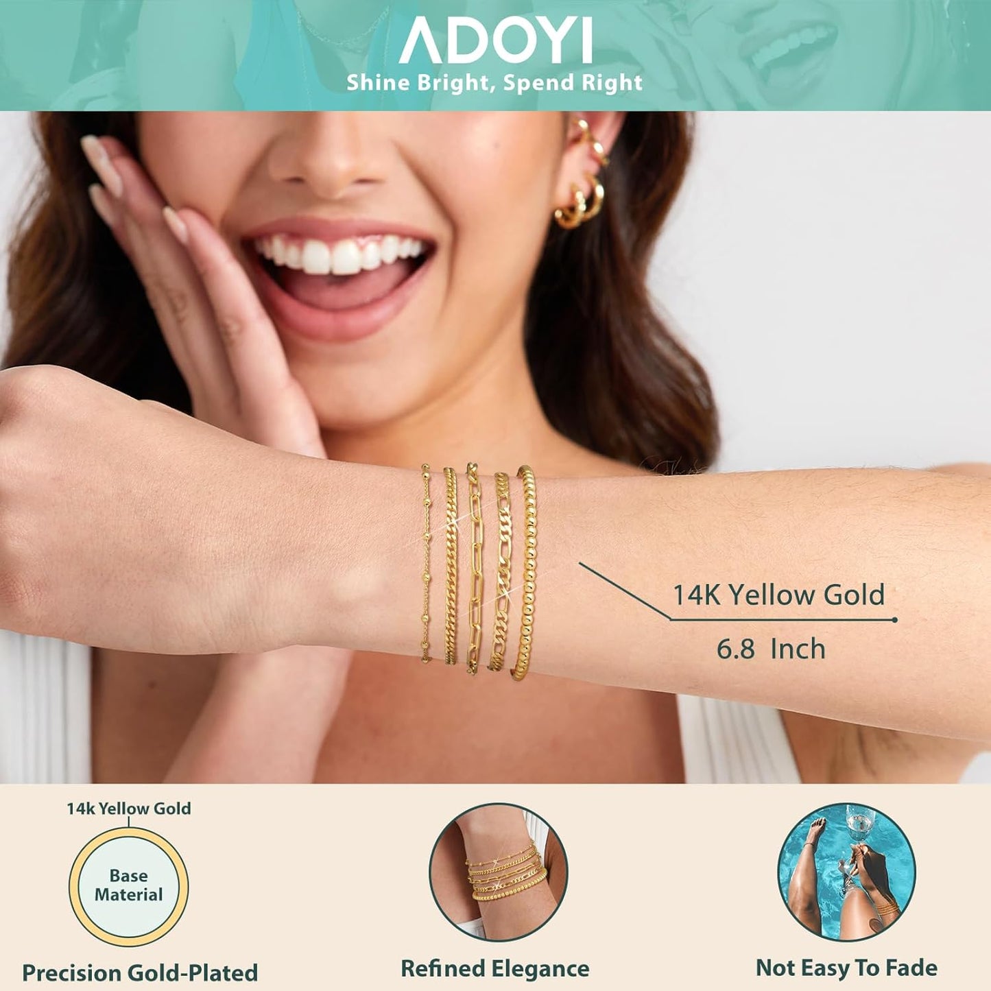 adoyi Gold Bracelets for Women, 14K Gold Plated Stackable Bracelet Stack Set Adjustable Charm Paperclip Chain Cuban Link Layered Waterproof Jewelry Sets Gifts for Womens