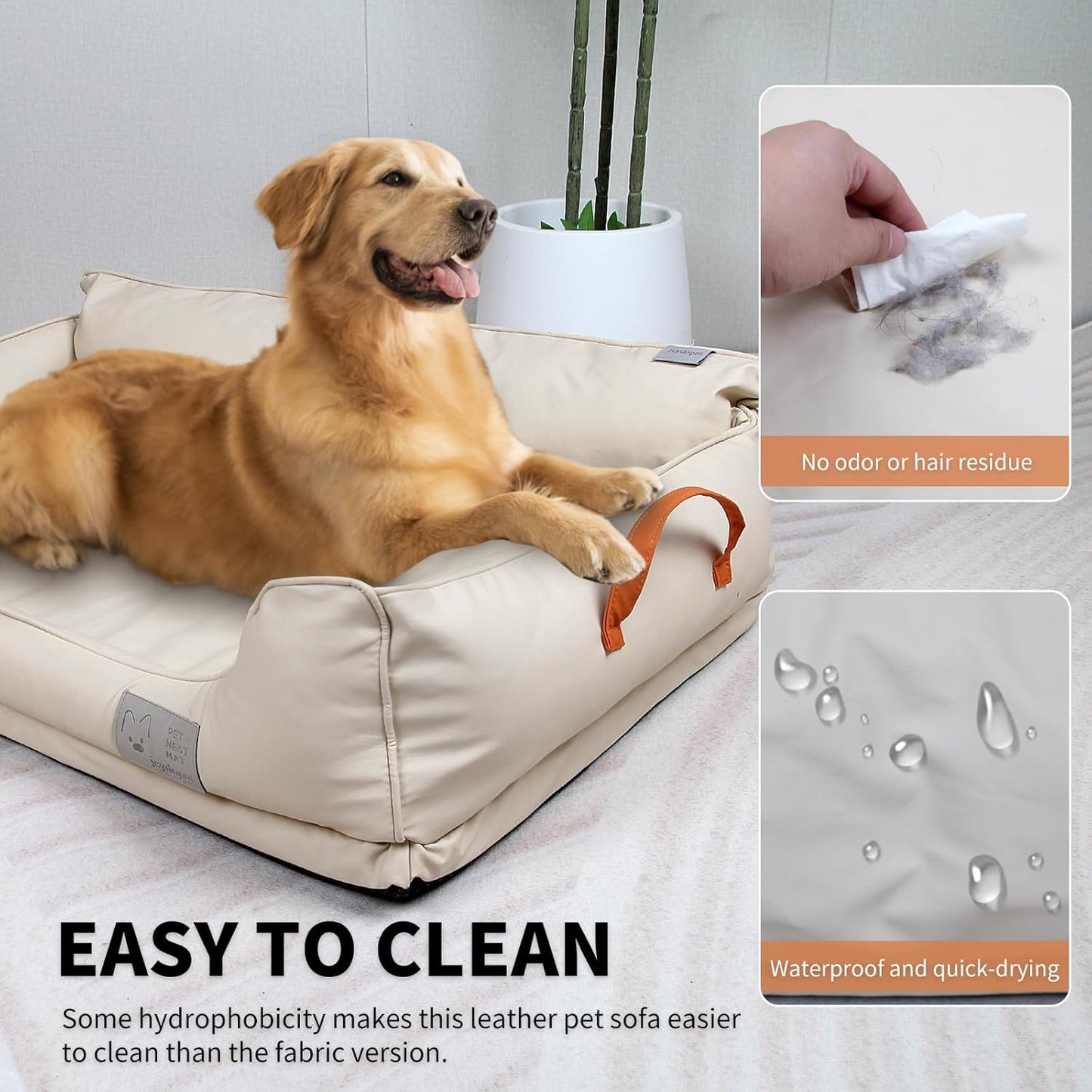 Removable Orthopedic Dog Beds for Large Dogs, Leather Memory Foam Dog Sofa Bed, Waterproof Durable Dogs Bed Couch with Non Skid Bottom for All Pet Sizes (Beige, Large)