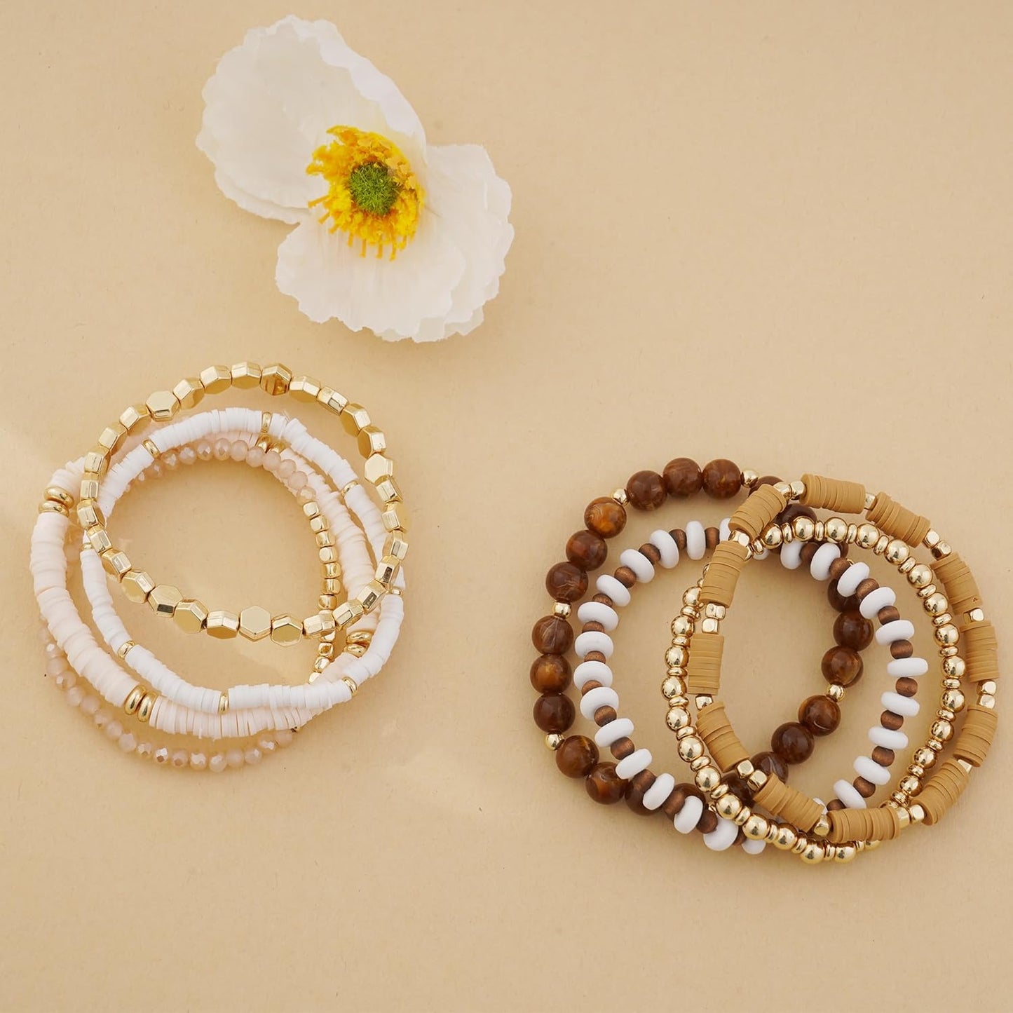 GOOJIDS Surfer Heishi Clay Bead Bracelets for Women Bohemian Stackable Gold Plated Beaded Stretch Bracelets Elastic Layering Friendship Bracelets Set Boho Jewelry