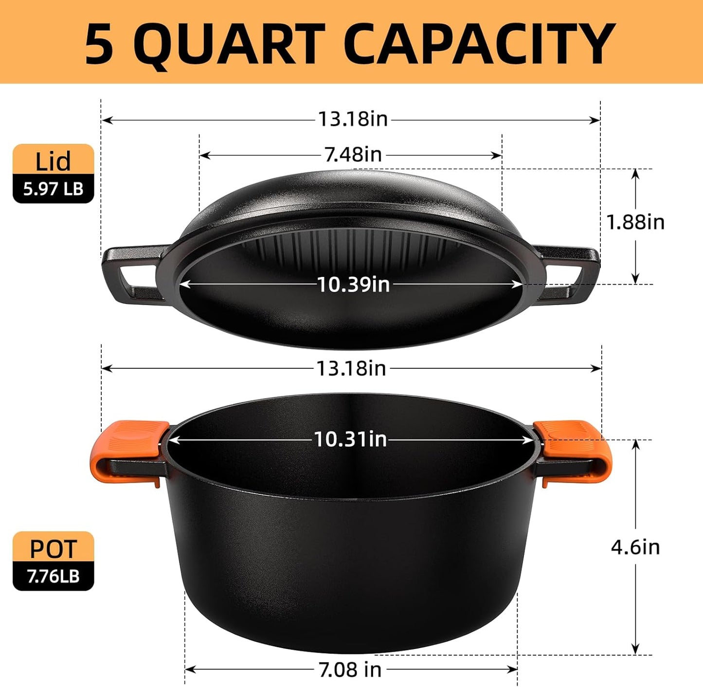 Cast Iron Dutch Oven Pot with Skillet Lid – Pre-Seasoned – Skillet Lid Cooking Pan– PFAS-Free –Umite Chef Cast Iron Skillet Cookware for Bread, Frying, Baking – Dual Handles – Oven, Grill, Campfire & Stovetop Safe – Durable & Non-Toxic, 5QT