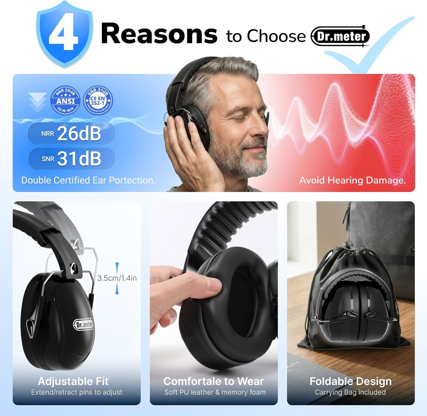 Hearing Protection Ear Muffs, 31dB Noise Reduction Safety Earmuffs with Adjustable Headband for Adults Kids Autism Sensory, Ear Muff for Yard Work, Mowing or Hunting -Pure Black 2PACK
