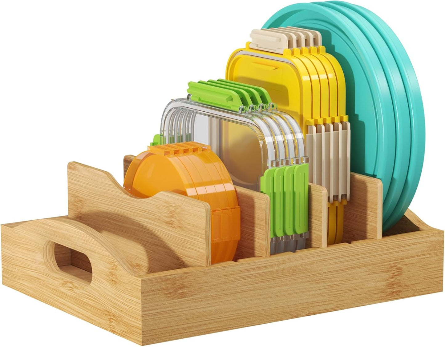 Lifewit Bamboo Lid Organizers for Inside Cabinet, Food Storage Container Lid Holder with 4 adjustable Inserts & 5 Compartments, Lid Storage for Kitchen Pantry Organization, 10.6" X 8.3"