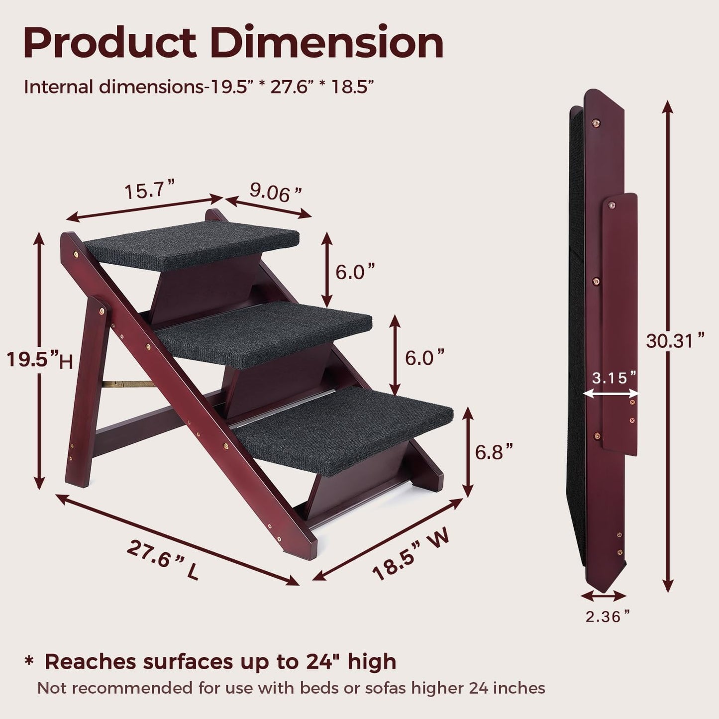 BRIKY Wooden Dog Stairs/Steps 19.5”H - Foldable 3 Steps Dog Steps for High Bed Couch Cars, Non-Slip Pet Stairs for Small Large Medium Dogs and Cats, No Assembly Required
