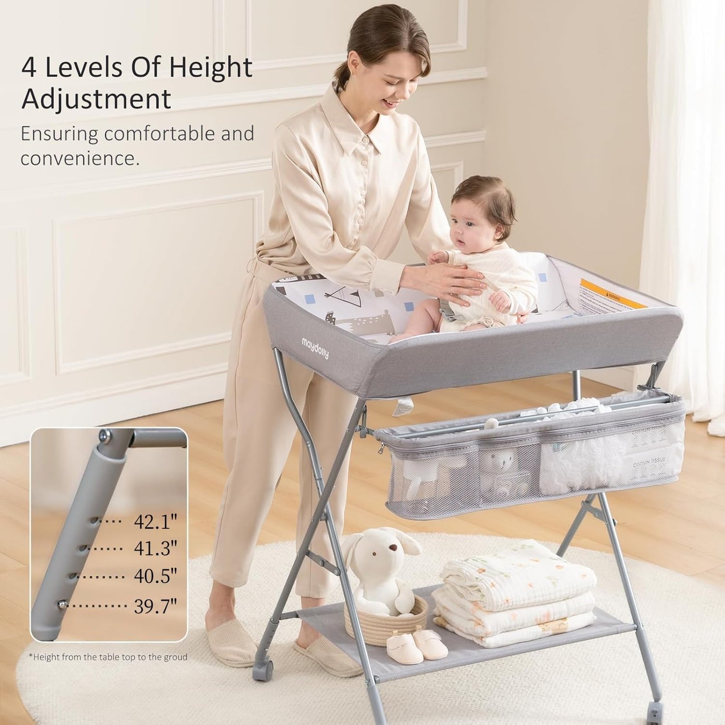 Baby Changing Table with Wheels, Maydolly Portable Adjustable Height Folding Diaper Station with Nursery Organizer & Storage Rack for Newborn Baby and Infant (Light Grey)
