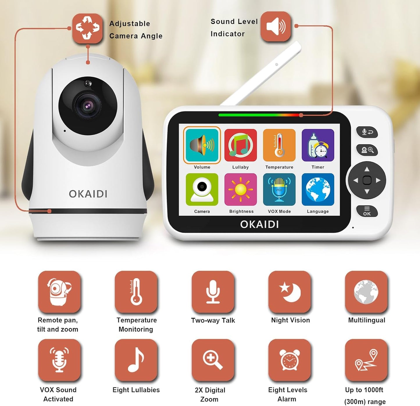 OKAIDI Video Baby Monitor with Camera and Audio, 5" Display Baby Monitor No WiFi, 30H Battery and 1000ft Range, Remote Pan-Tilt-Zoom Baby Camera, Night Vision, 2-Way Talk, ECO, Temperature, Lullaby