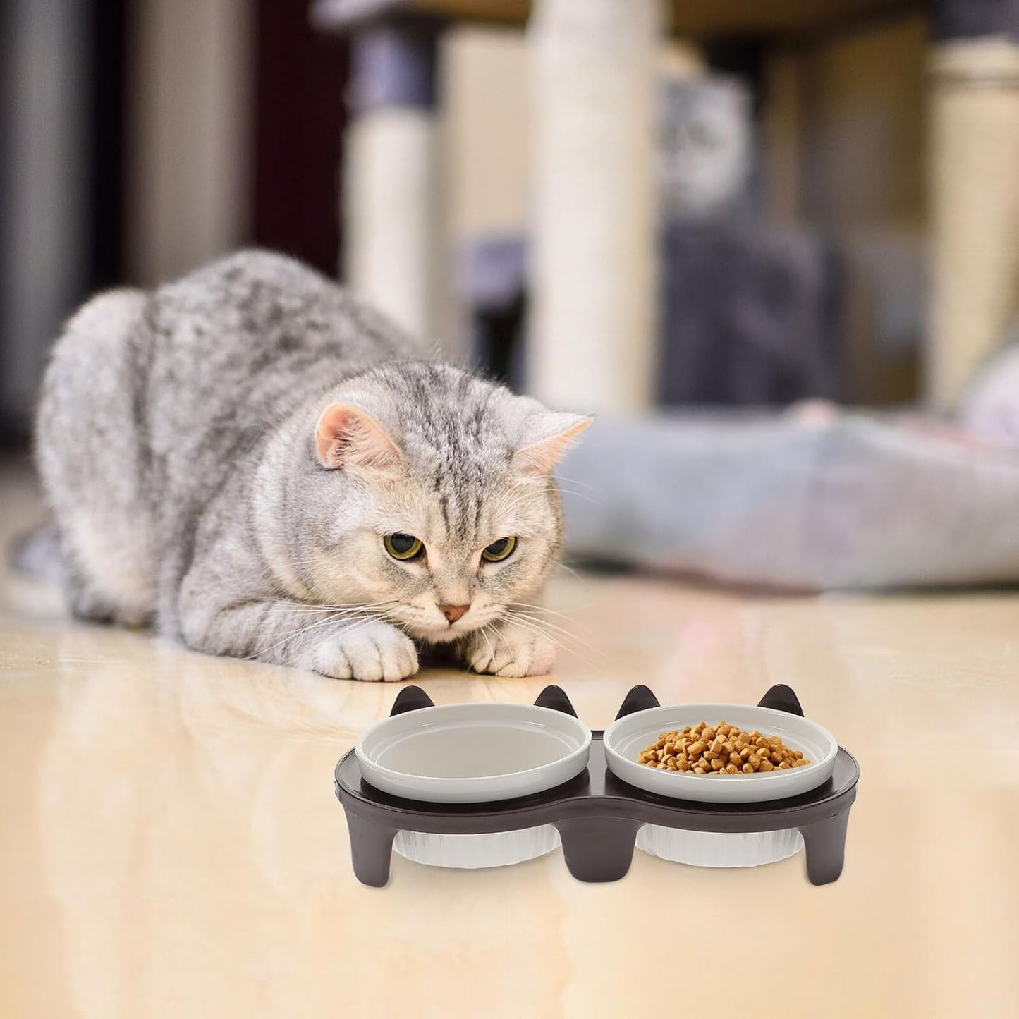 FAVOMOTO Elevated Ceramic Cat Food and Water Bowls with Stand, Neck Protection Footed Pet Feeding Bowl for Cats and Kittens, Brown Thickened Anti-Breaking Holder Suitable for Home Use