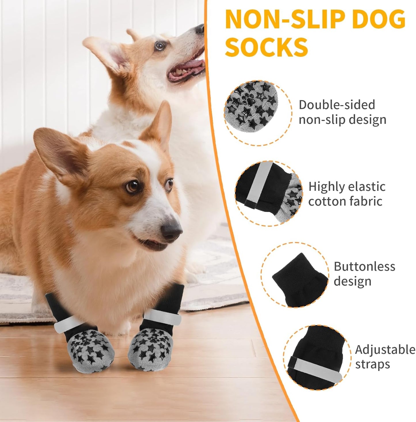 Dog Socks Anti Slip, Non-Slip Dog Socks to Prevent Licking Paws with Elastic Straps for Hot/Cold Pavement, Boots & Paws Protectors for Small Medium Large Senior (4 Pcs, S)