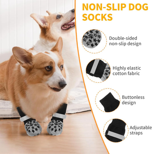 Dog Socks Anti Slip, Non-Slip Dog Socks to Prevent Licking Paws with Elastic Straps for Hot/Cold Pavement, Boots & Paws Protectors for Small Medium Large Senior (4 Pcs, S)