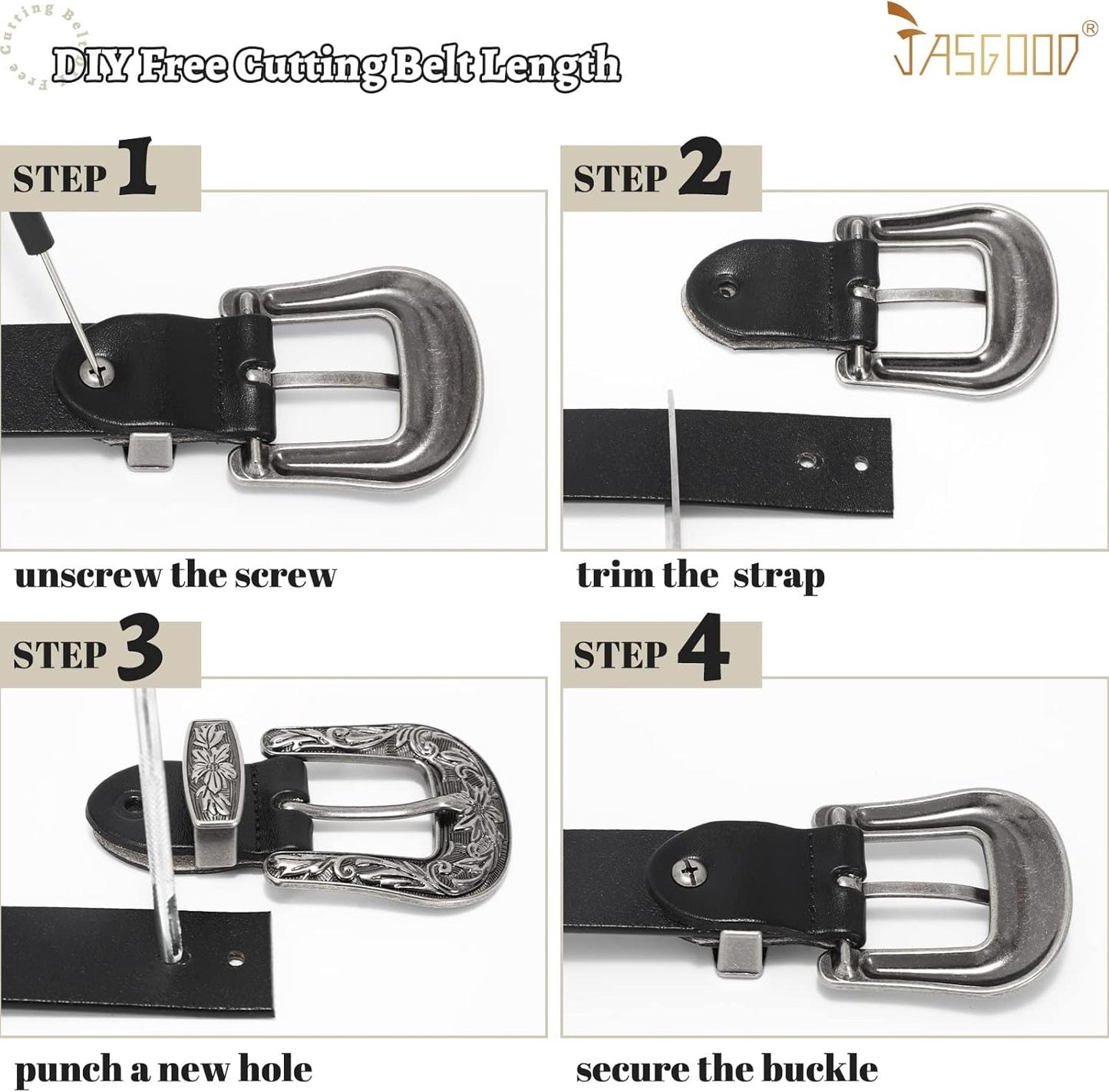 JASGOOD Women Leather Belts Ladies Vintage Western Design Black Waist Belt for Pants Jeans Dresses