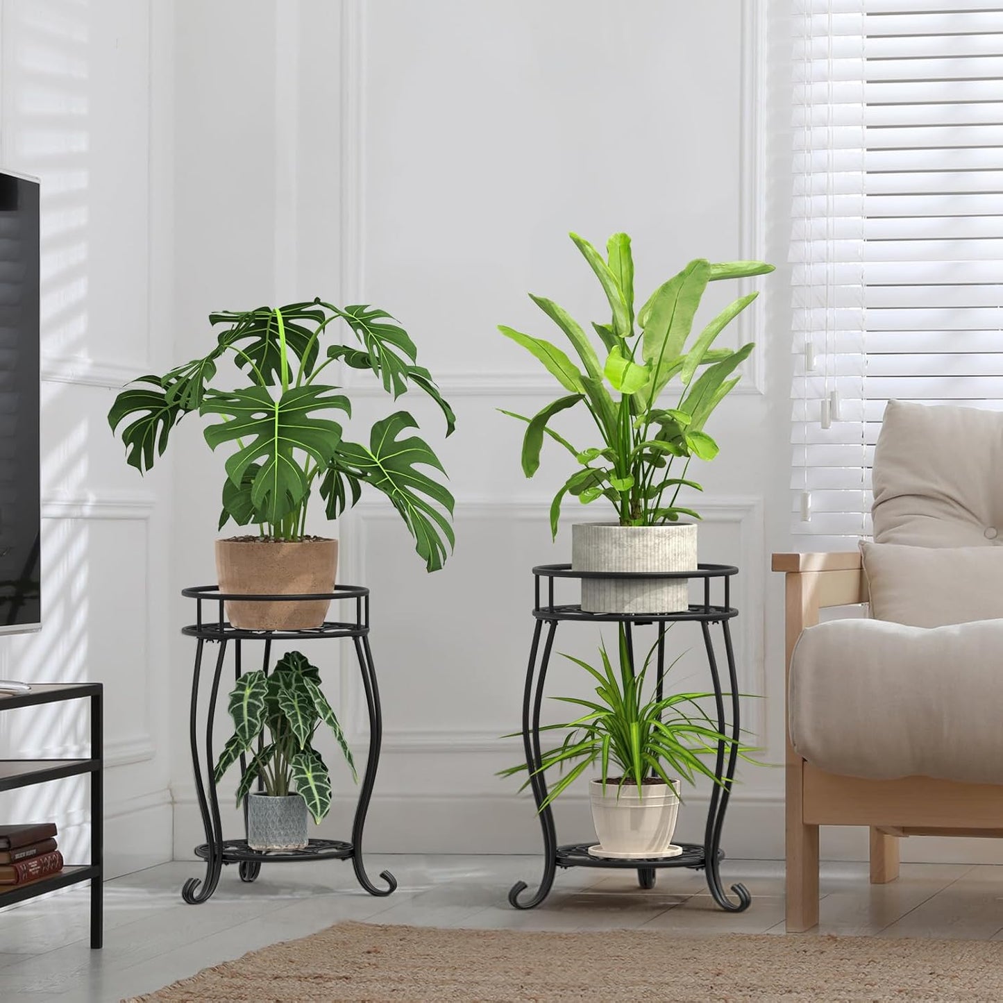 TOSKING 2 Tier Metal Plant Stand Indoor Outdoor , Rustproof Stable Plant Stands Multiple Plant Rack Holder Flower Pot Stand for Living Room Balcony Garden Patio Bedroom (Black, 19.5)