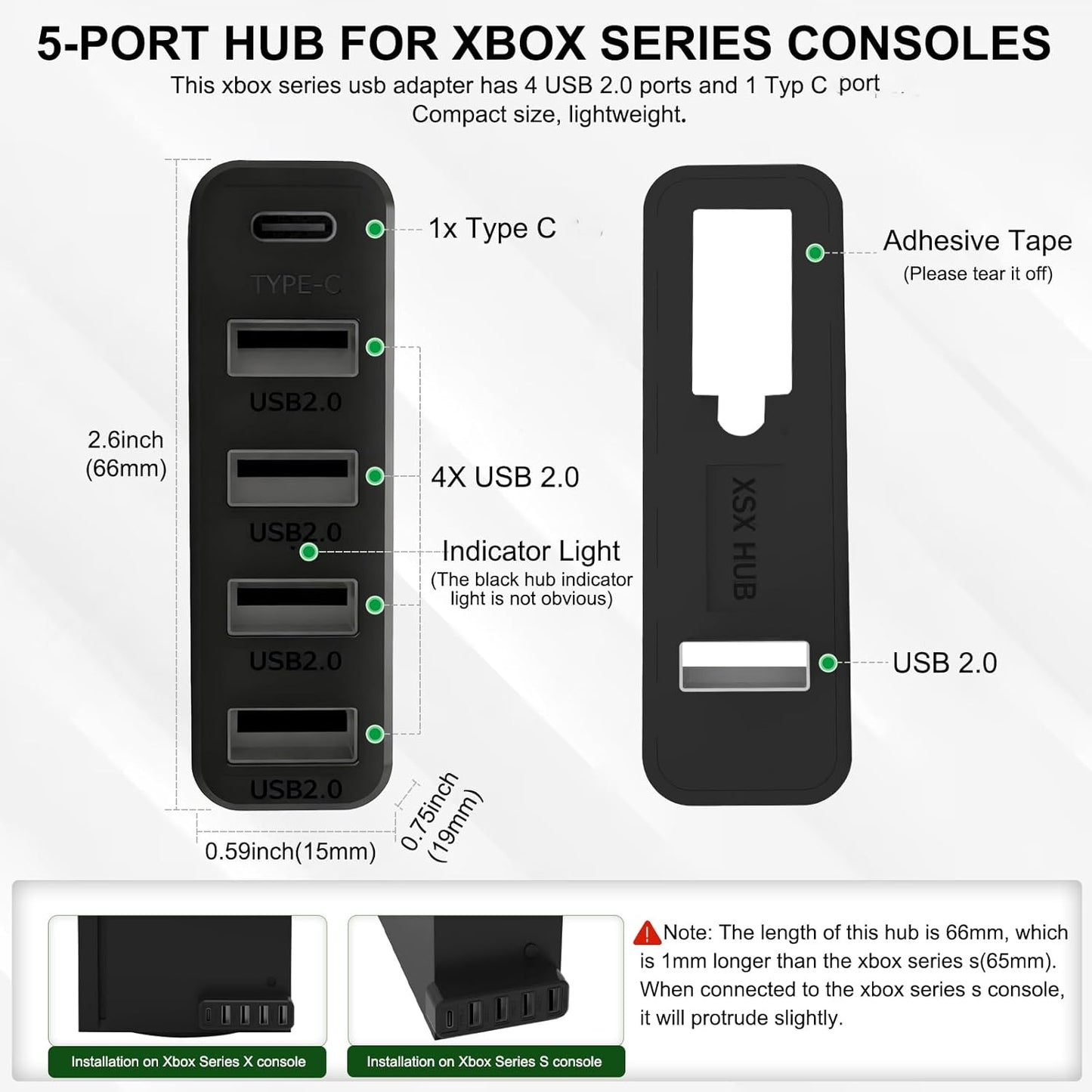 5 Ports USB Hub for Xbox Series X/S Consoles, Xbox Series USB Hub High-Speed Expansion Splitter Adapter with 4 USB 2.0 Ports + 1 Type C Port for Xbox Series S/X Accessories (Black)