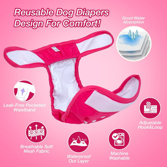 Pet Soft Washable Female Diapers (3 Pack) Female Dog Diapers, Comfort Reusable Doggy Diaper for Girl Dog in Period Heat (Classy, L)