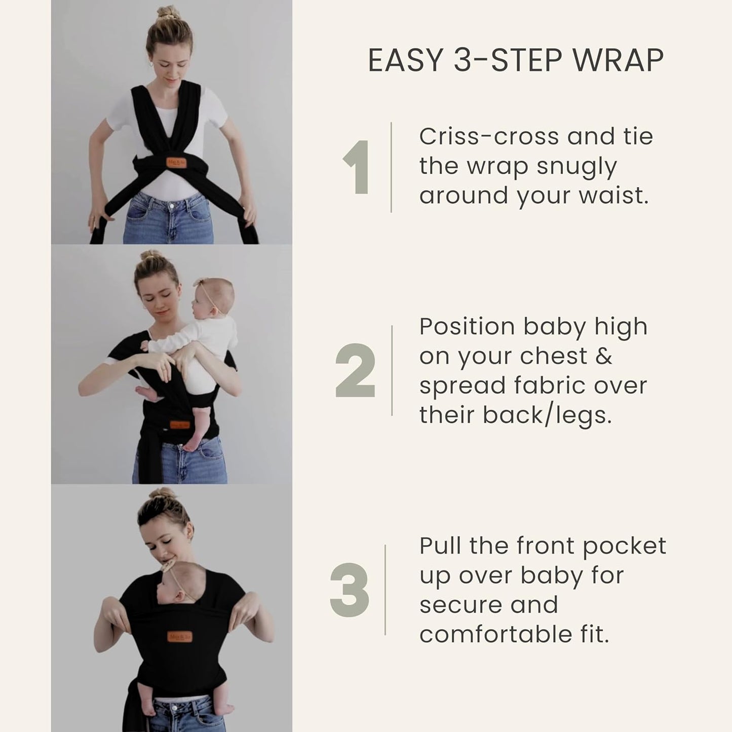 Baby Wrap Carrier - Premium Cotton Baby Carrier Wrap for Newborn to Toddler- Infant Carrier- Baby Holder One Size Fits All with Front Pocket (Black) by Max&so