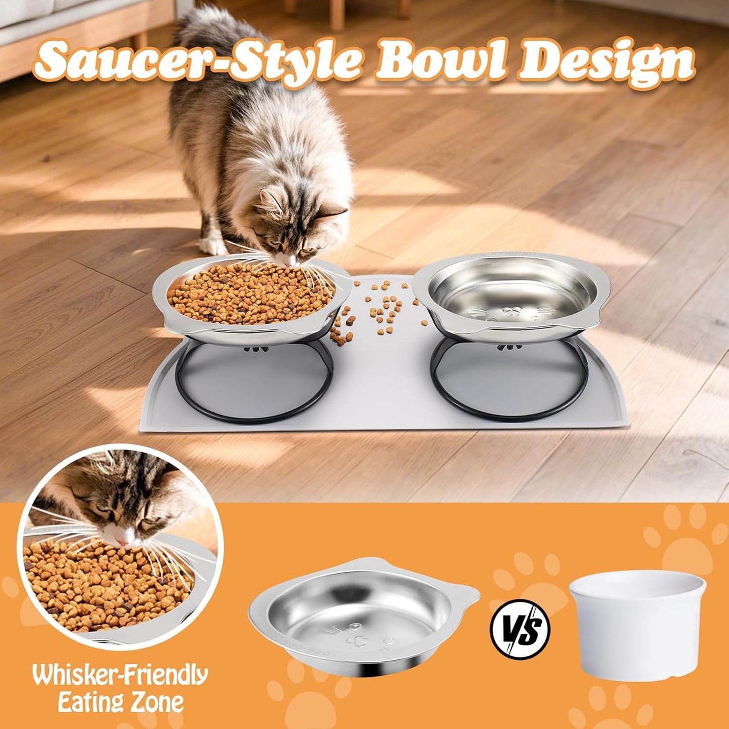 Elevated Cat Bowls with Non-Slip Mat - 7.1" Wide Whisker Friendly Dishes, Neck Stress-Free, Raised Stainless Steel Bowls for Flat-Faced/Senior Cats & Small Dogs, Indoor/Travel Use, 2-Pack