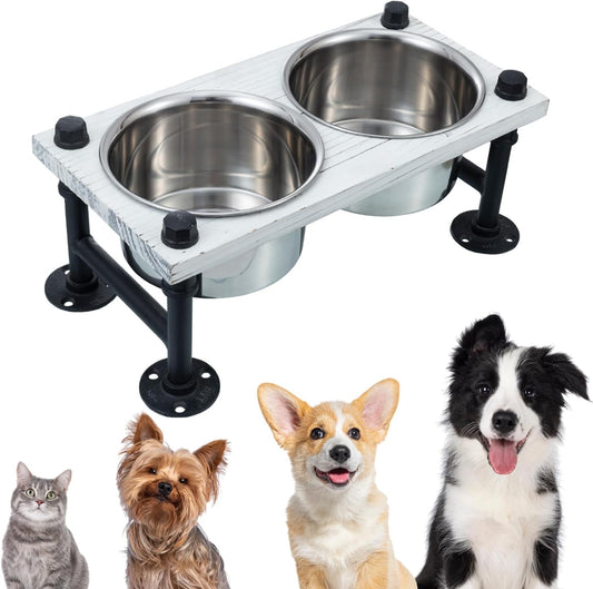 MyGift Vintage White Solid Wood Elevated Feeder with Industrial Metal Legs, 6.2" Tall Bowls for Medium Sized Dogs, Raised Food and Water Stand with 2 Stainless Steel Bowls