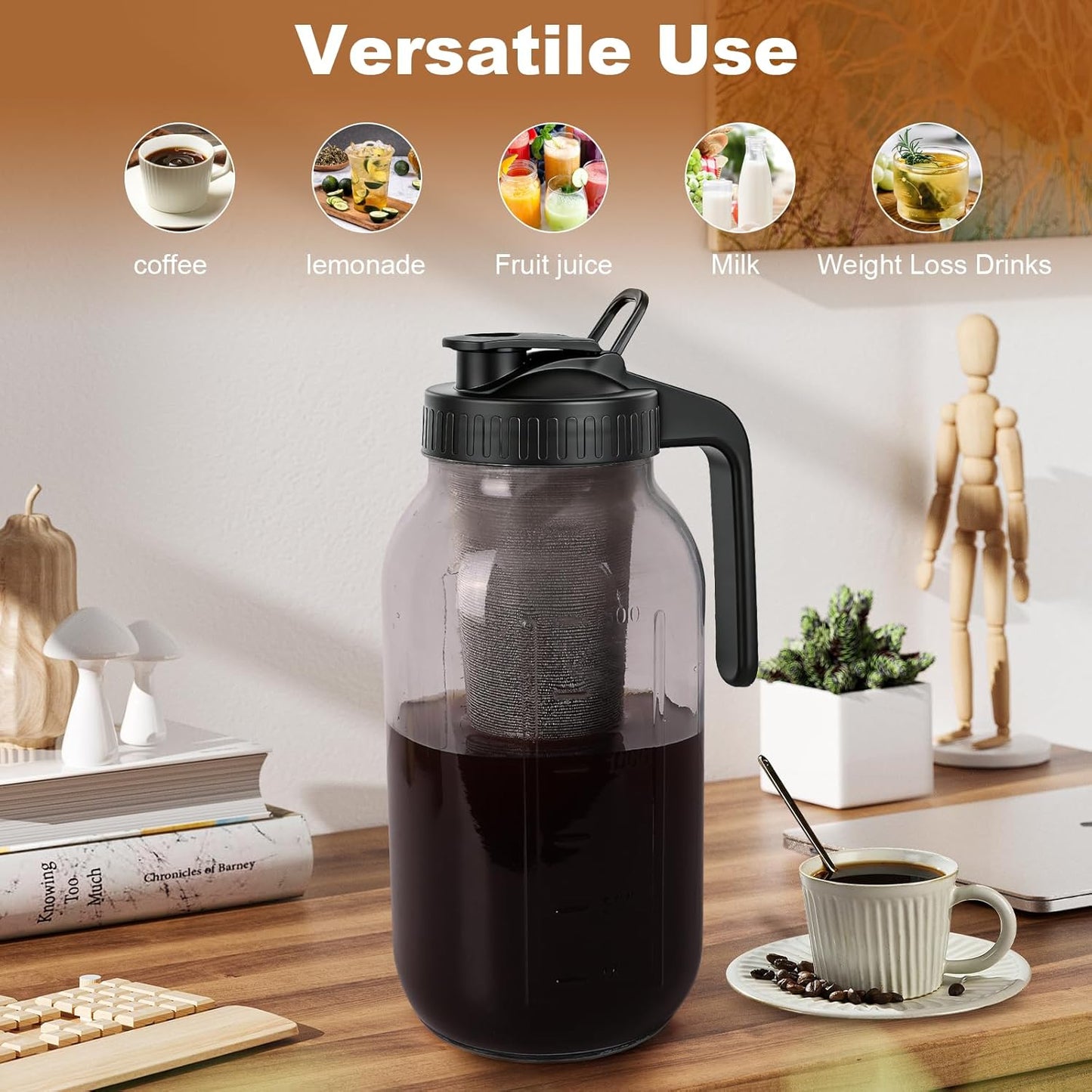 Cold Brew Coffee Maker,64 oz Mason Jar Pitcher with Stainless Steel Filter, Pour Spout Handle Lid, Heavy Duty Glass Airtight & Leak-Proof for Iced Coffee,Tea & Lemonade