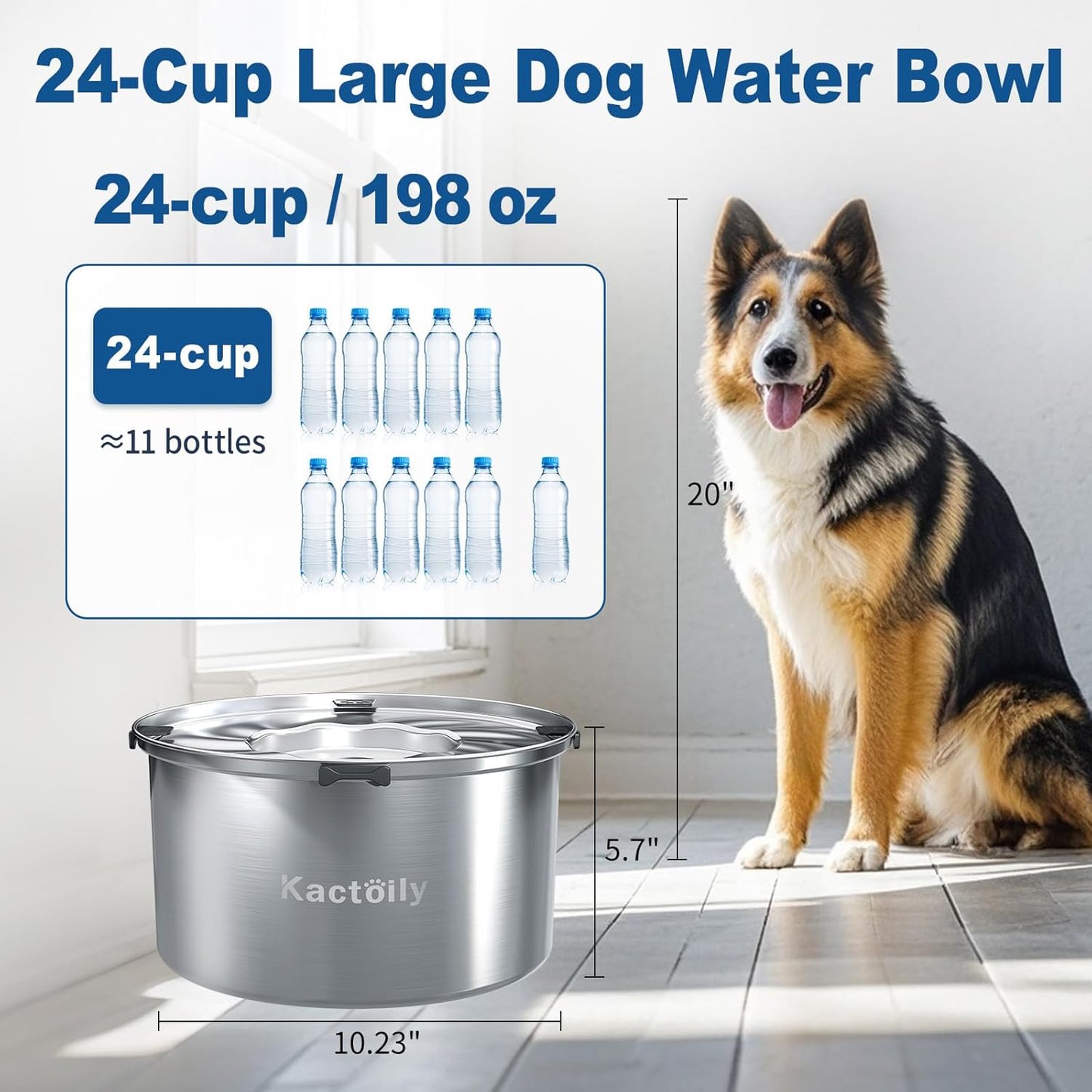 kactoily 1.47 Gal Stainless Steel Dog Water Bowl, 24 Cups Large No Spill Dog Bowl with Floating Disk, Splash Proof Slow Water Drinking for Messy Drinkers