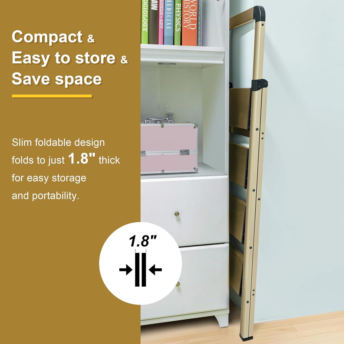 Step Ladder Folding 3-Step Champagne Gold Finish Aluminum Foldable Step Ladders,Anti-Slip for Home & Kitchen Office 330 lbs