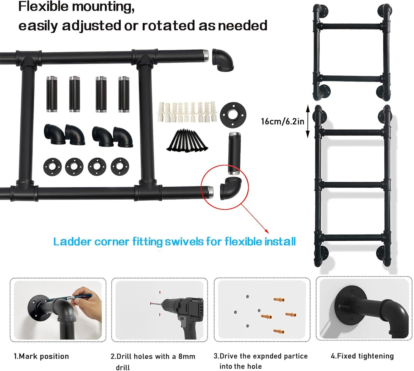 3 Steps Basement Window Well Egress Exit Ladder，Wall/Floor-Mounted Ladders for Home, Metal Step Ladder for RV Attic Bunk Bed, Loft Steps for Dorm Beds,355LBS Load Capacity(Black, 3 Steps)