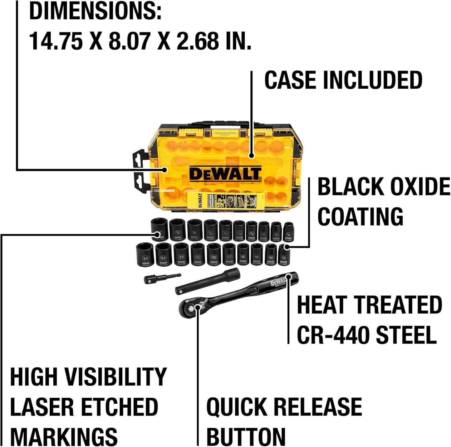 DEWALT Impact Socket Set with Ratchet, Metric/SAE, 1/2" Drive, 23-Piece Set with Case (DWMT74739)