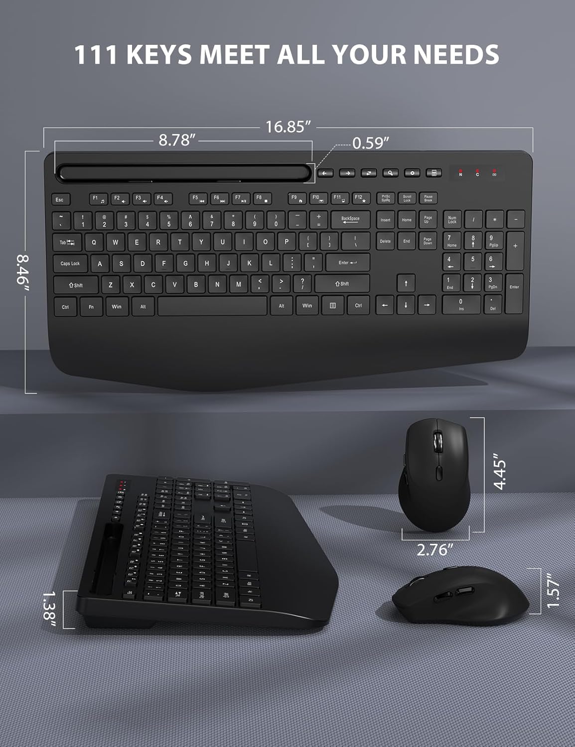 Wireless Keyboard and Mouse Combo - Full-Sized Ergonomic Keyboard with Wrist Rest, Phone Holder, Sleep Mode, 2.4G Quiet Keyboard for PC Laptop, Complete Work Setup for Office or Home -Trueque KM23