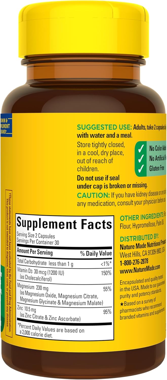 Nature Made Magnesium Complex Supplement with Vitamin D & Zinc for Immune Support, Magnesium Glycinate, Malate, Citrate & Oxide for Muscle, Nerve, Heart & Bone Support, 60 Capsules, 30 Day Supply