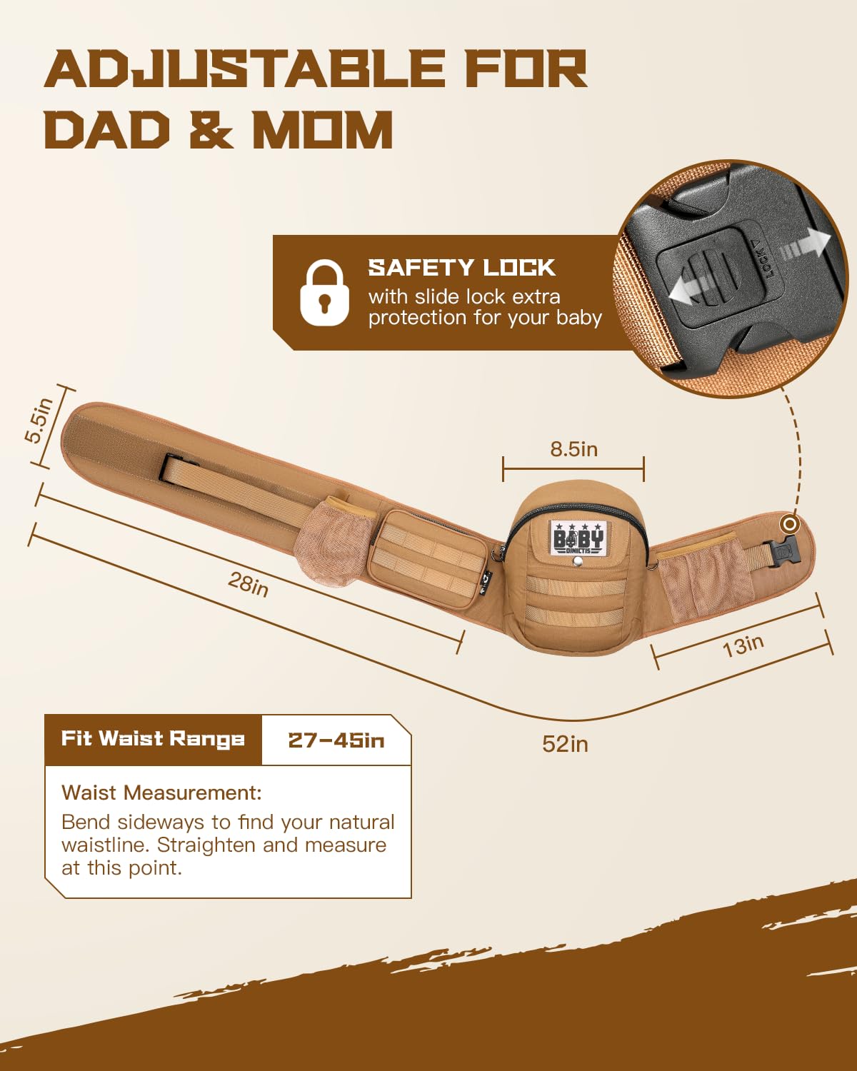 Dinictis Baby Hip Carrier for Dad, Ergonomic Tactical Waist Carrier with Hip Seat for Newborn to Toddler (Up to 45 lbs), Adjustable Wide Waistband, Molle Webbing & Multiple Pockets, Coyote Brown