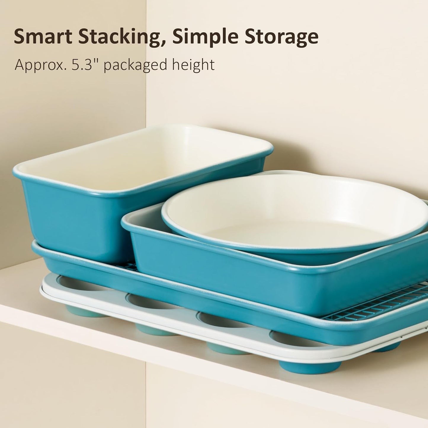 CAROTE 6-Piece Nonstick Ceramic Baking Pans Set - Bakeware Sets Including Cookie Sheets for Baking, Muffin Pan, Bread Pan, Cake pan, Loaf Pan, Cooling Rack, Light Blue & Cream White