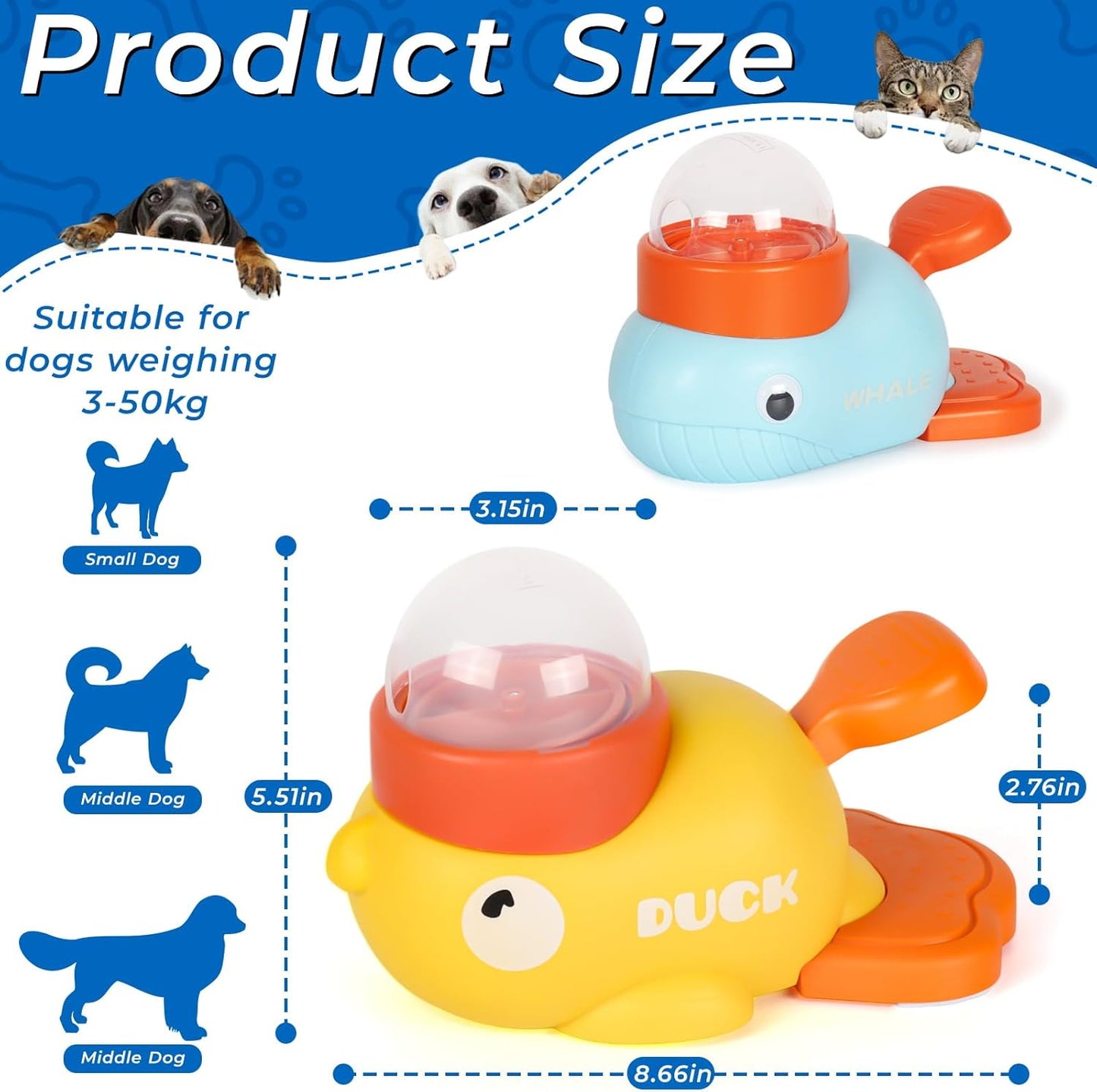 2-in-1 Interactive Dog Toy Food Puzzle Slow Feeder, Duck Shaped Toy cat Snack Dispenser can Reduce Abdominal Bloating (Yellow Duck and Light Blue Whale)