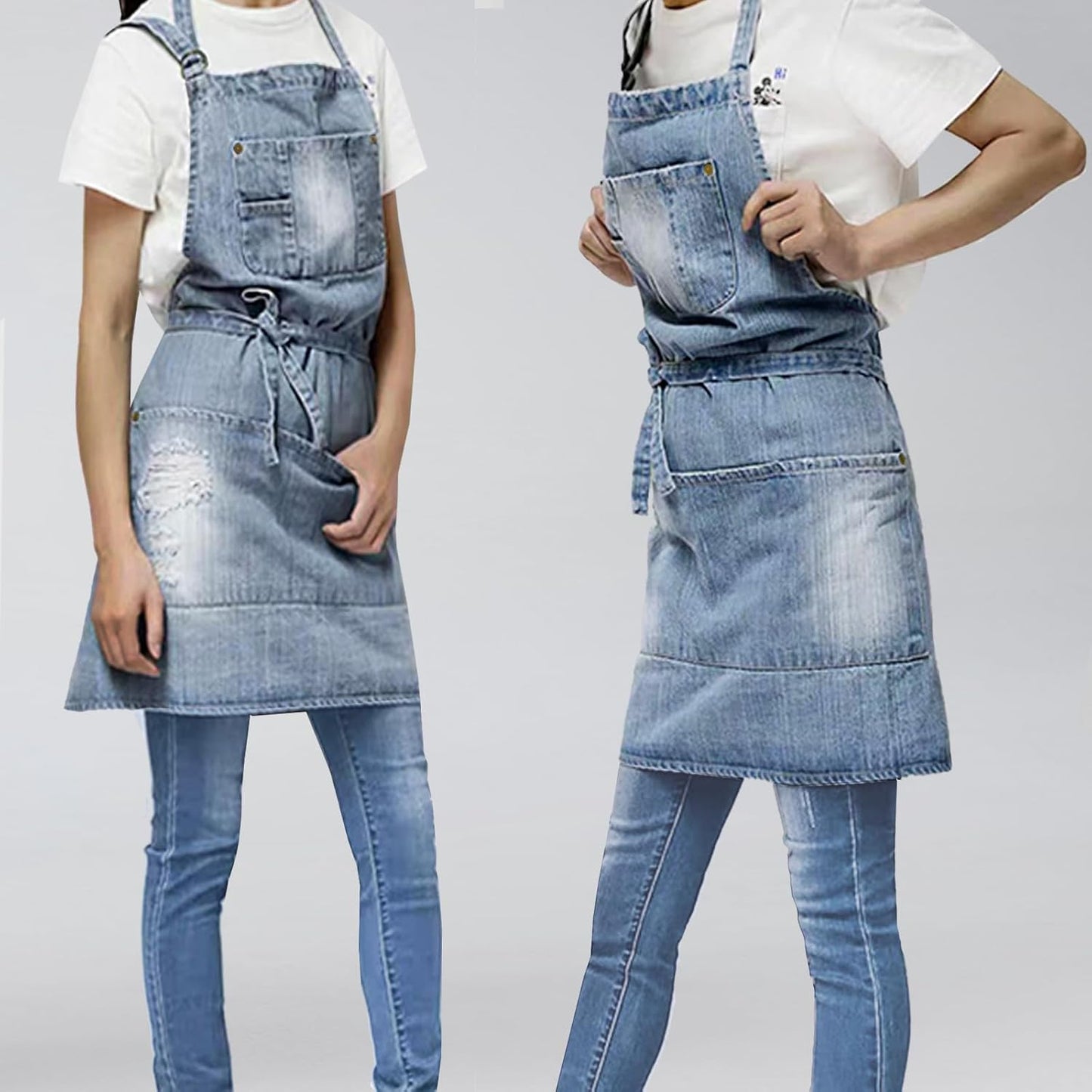 Denim Apron With 5 Pockets for Kitchens,Hairstylist Aprons for Women Men,Adjustable Bib Jean Apron for Arts Cafe Work
