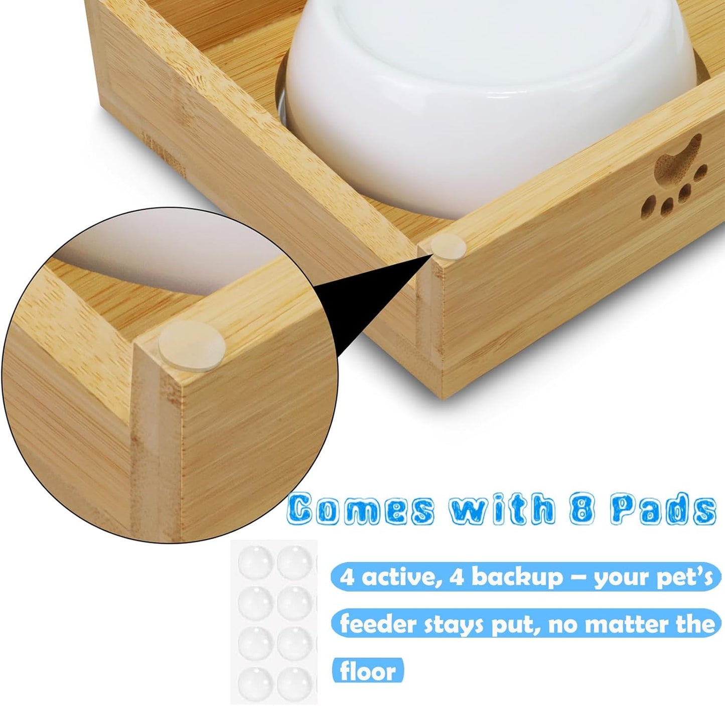 Premium Bamboo Raised Pet Feeder - 15 Degree Elevated Cat & Small Dog Bowls with 2 Ceramic Dishes, Non-Slip Base & 8 Silicone Pads, Eco-Friendly Ergonomic Food Stand for Kittens/Puppies