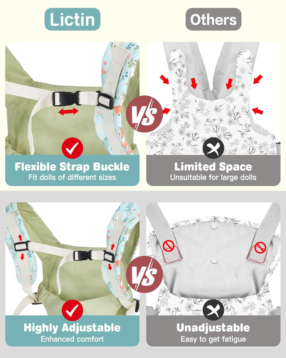 Lictin Baby Doll Carrier, Front and Back Doll Accessories Carrier for Little Girls, with Adjustable Straps for Stuffed Animal Reborn Baby Doll