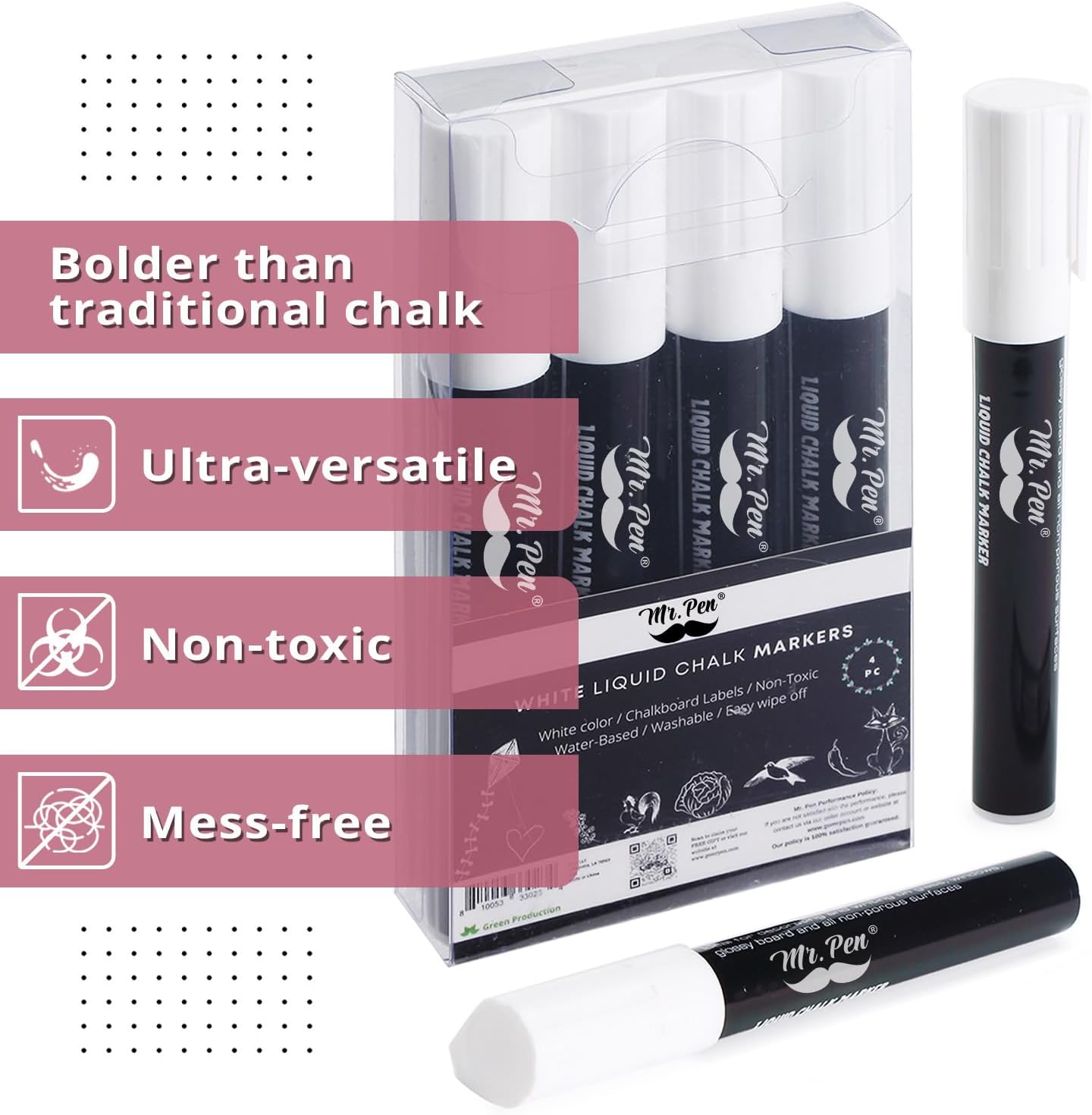 Mr. Pen- White Chalk Markers for Blackboard, 4 Pack, Reversible Tip, White Liquid Chalk Marker, Non-Toxic Liquid Chalkboard for Windows and Glass, Erasable Markers