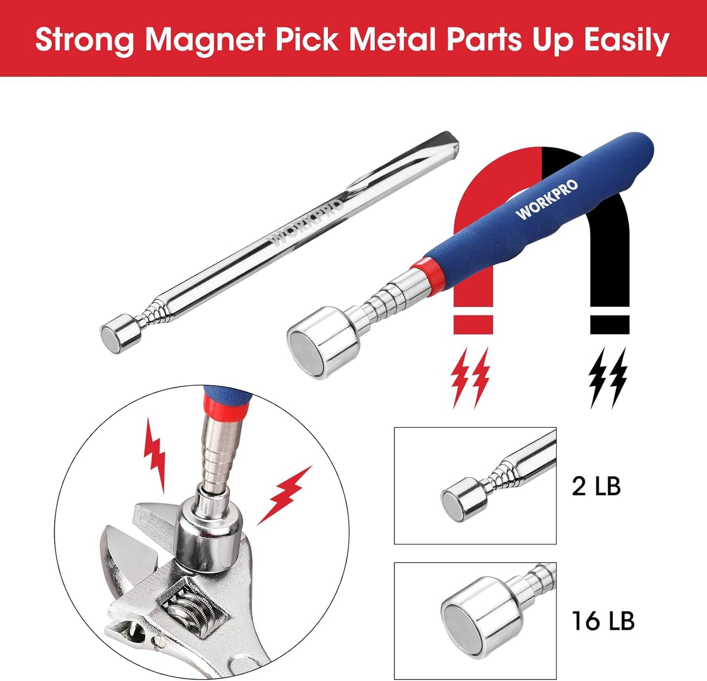 WORKPRO 4PC Telescoping Magnetic Pick Up Tool Kit, Includes Telescoping Inspection Mirror, 2PC Magnetic Pick Up Tool And Four Claw Grabber Tool, Pick Up Grab Tool Set For Auto Repair