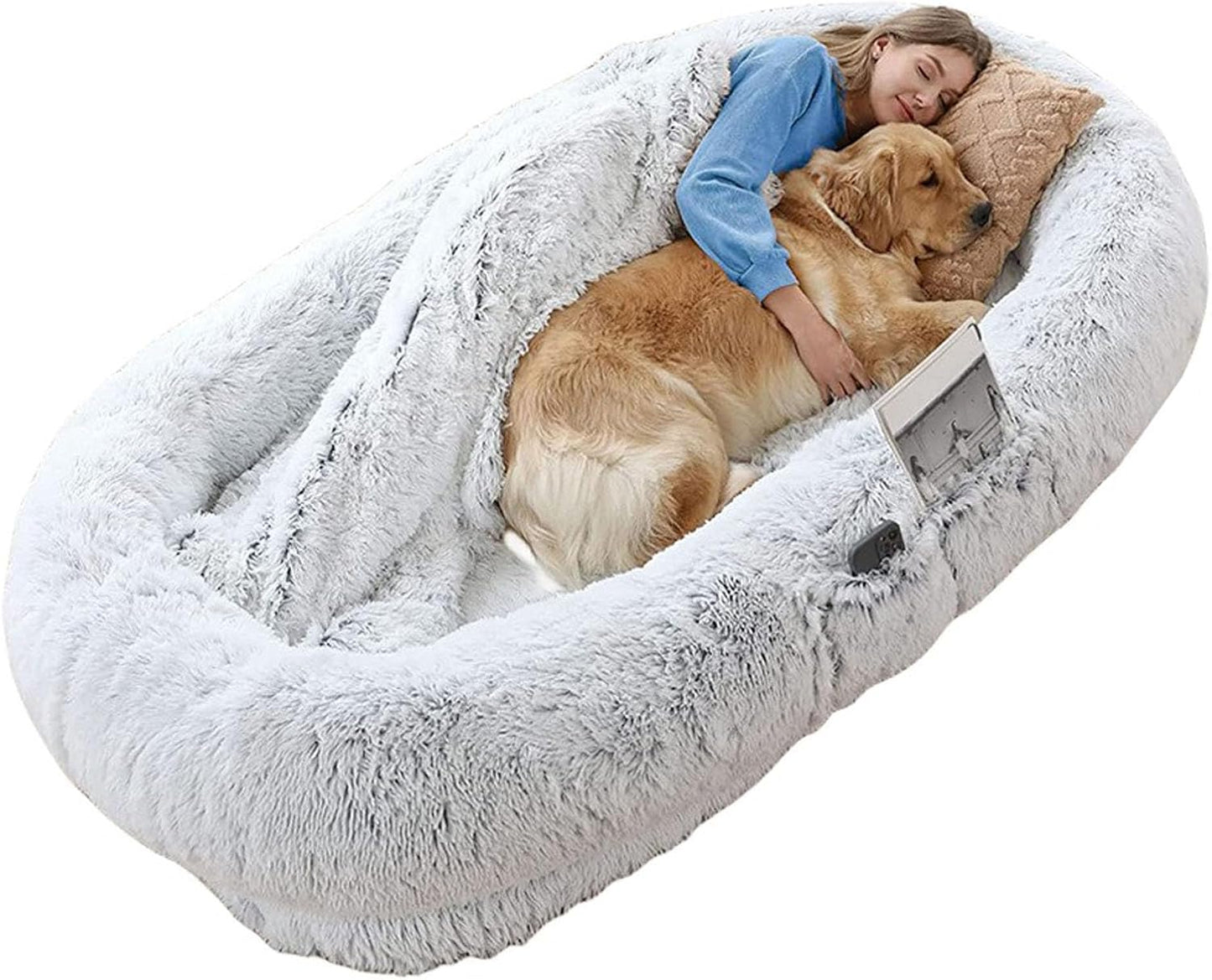 Human Dog Bed for People Adults and Pets, Large Dog Bed with Raised Cushioned Rim, Comfy Plush Large Bean Bag, Removable Cover, Washable Fluffy Floor Bed, Grey