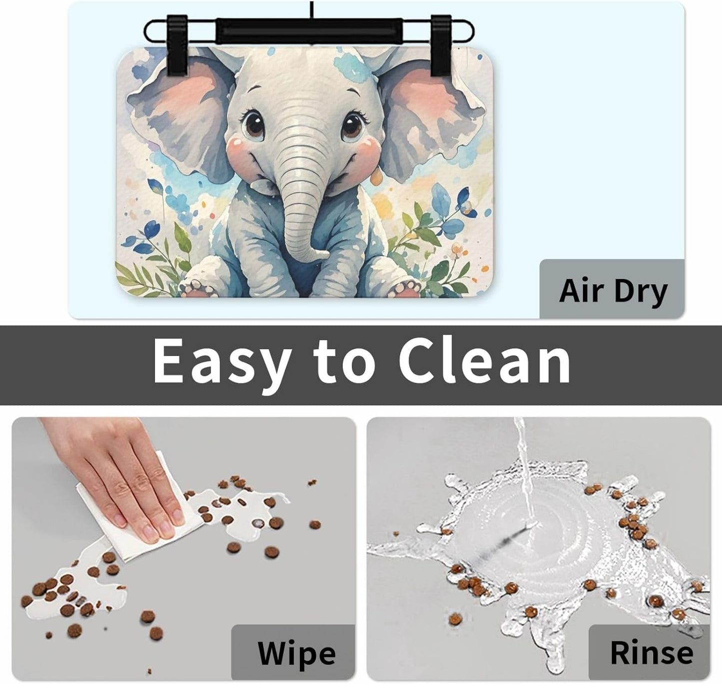Pet Feeding Mat Leather Dog Food Mat Waterproof Pet Tablecloth Cute Elephant Watercolor Pet Placemat for Dogs Absorbent Dog Bowl Mat Anti-Slip Dogs Mats for Food and Water